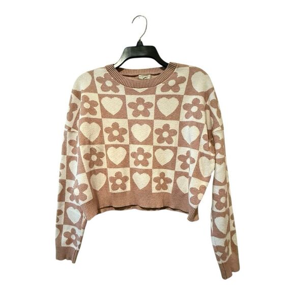 Debut Juniors Crop Sweater Geometric Pink White Size M - Picture 1 of 9